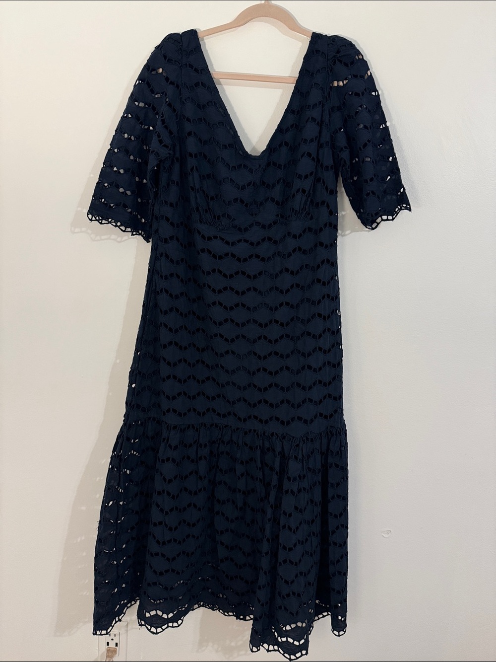 Gretchen Scott Navy Blue Cotton Eyelet Maxi Dress with Sleeves - Size Large